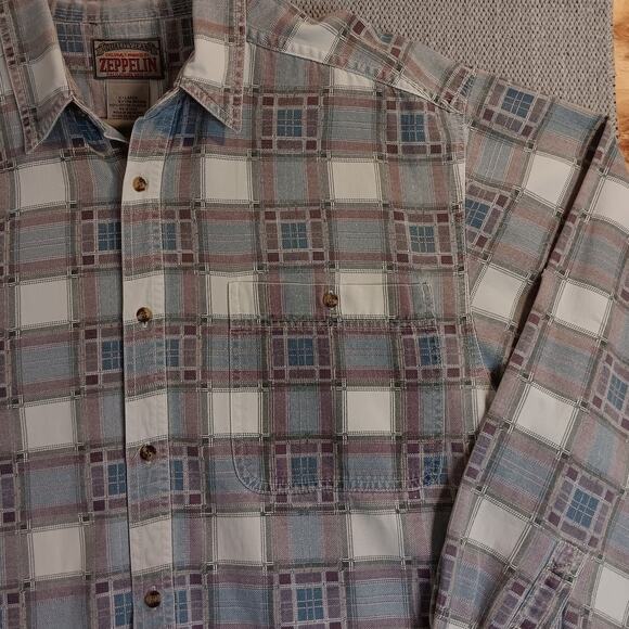 Zeppelin Vintage Jean Shirt Mens XL Gray/Blue Plaid Button Up Casual Y2K - Picture 4 of 12